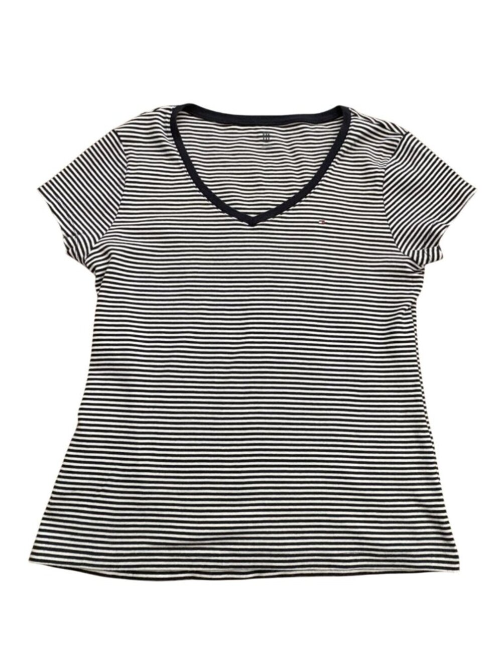 Tommy Hilfiger Womens Striped V-Neck T-Shirt-Soft-Blue/White-Size XL-GUC